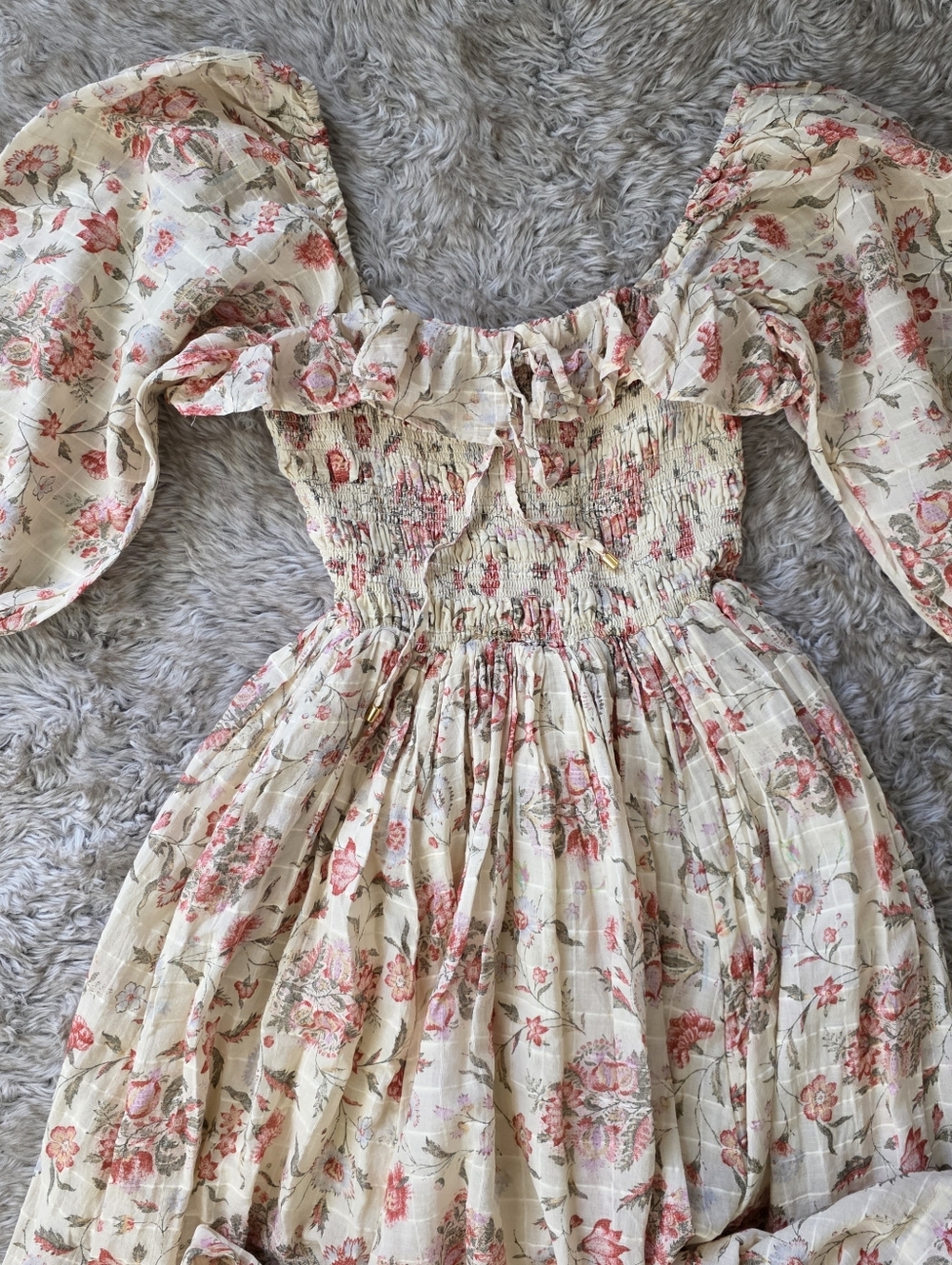 Free People Oasis Printed Midi Dress Ivory Floral Puff Sleeve Women's - Picture 7 of 16